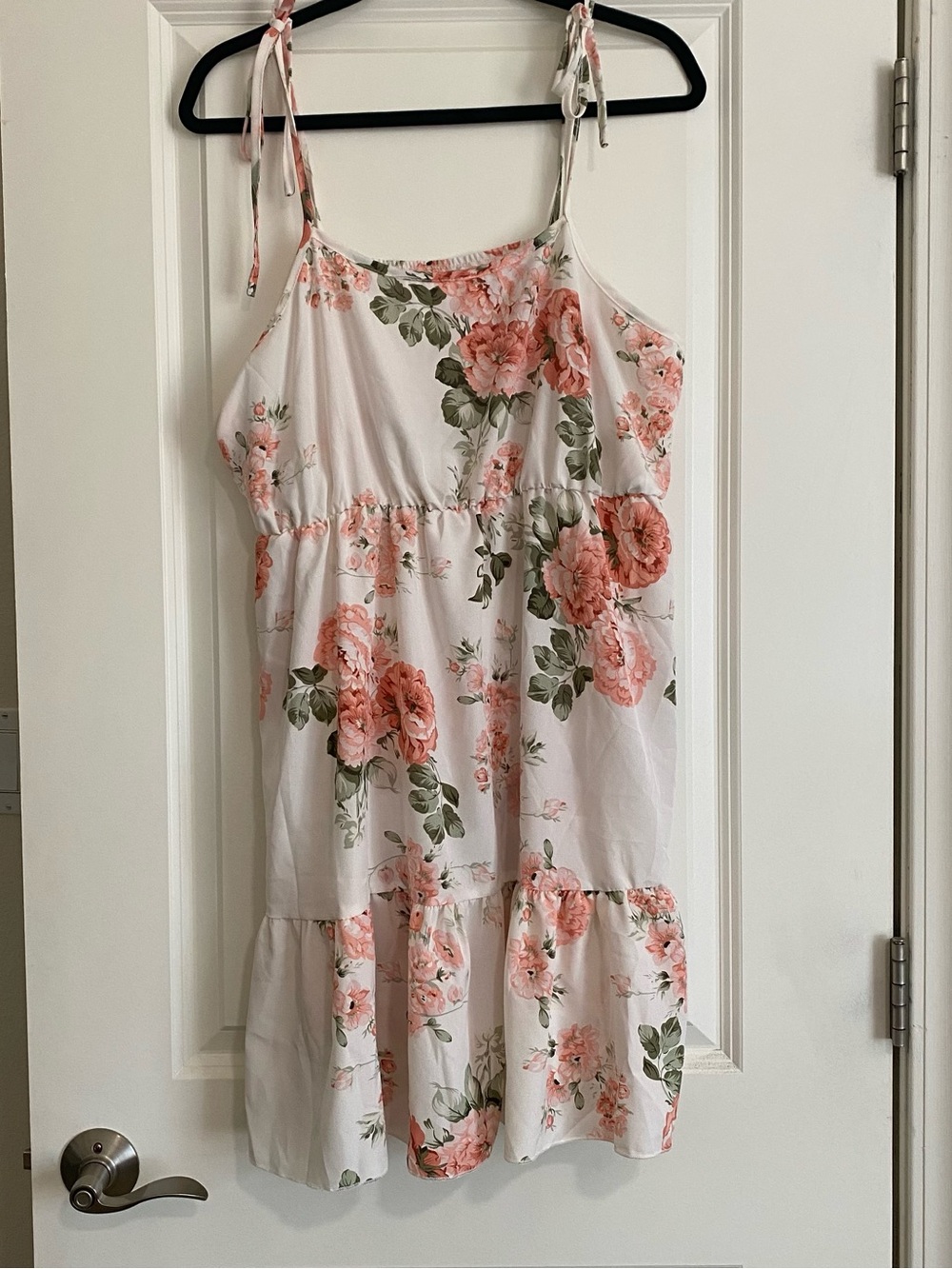 White Floral Tie-Strap Sundress with Pink Roses
